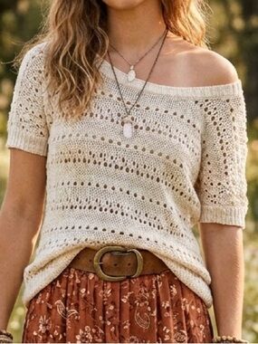 Boho Crochet Knit Sweater Top Cream Tie Back Festival Cottagecore Medium